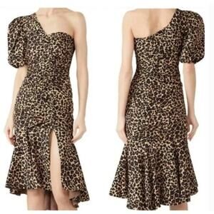Jonathan Simkhai Leopard Print Dress One Shoulder Midi Black Brown Tan Size 2